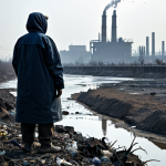 A person in modest, practical outdoor clothing, standing contemplatively by a heavily polluted river. The river's water is dark and murky, filled with visible litter and industrial waste. The surrounding environment features barren, cracked earth and withered plants, with a distant industrial skyline emitting smoke into a hazy sky. The scene captures a sense of ecological degradation and environmental concern. Professional photography, realistic rendering, high detail, perfect anatomy, correct proportions, natural pose, well-formed hands, proper finger count, natural body proportions, safe for work, appropriate content, fully clothed, professional.